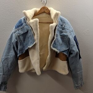 BIDA Denim Patchwork Jacket Large Vegan Sherpa Coat Faux Suede Cropped NEW Sz M
